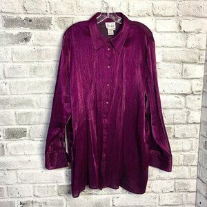 Vintage Purple Semi Sheer Shimmery Satin Button Up French Cuff Tunic Top Blouse